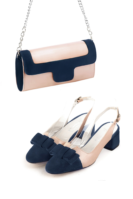 Dress clutch for wedding and parties in powder pink and navy blue leather - Worn view